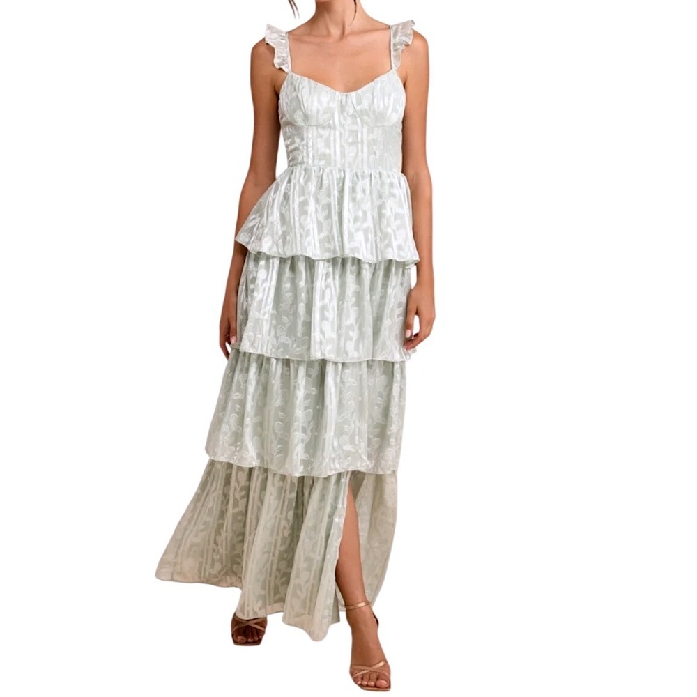 NWT Lulus Stunning Glory Sage Green Floral Jacquard Tiered Maxi Dress XL